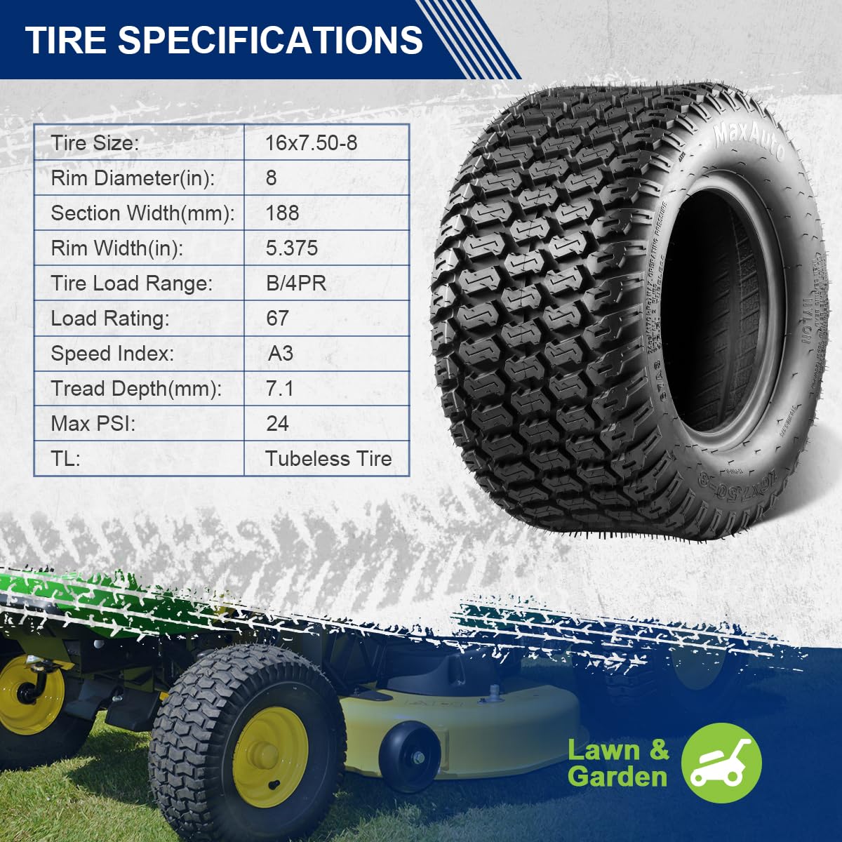 MaxAuto Turf Saver tire tread detail emphasizes traction and turf-friendly siped lugs.