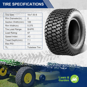 MaxAuto Turf Saver tire tread detail emphasizes traction and turf-friendly siped lugs.