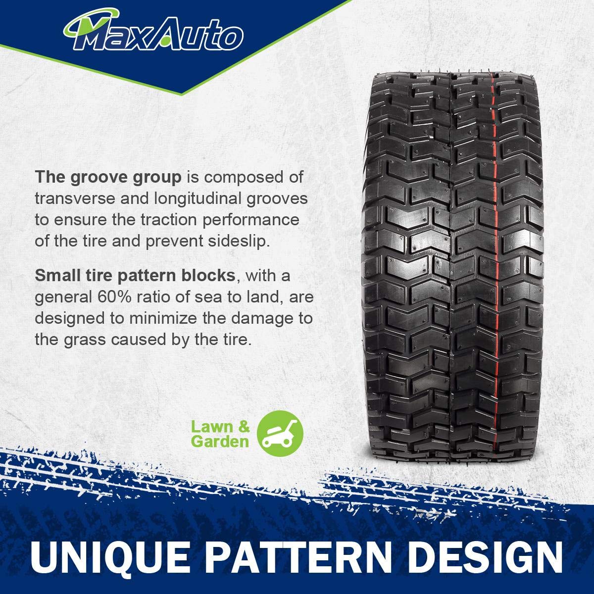 MaxAuto turf tire 11x4-5 mounted on a lawn mower demonstrating stable traction