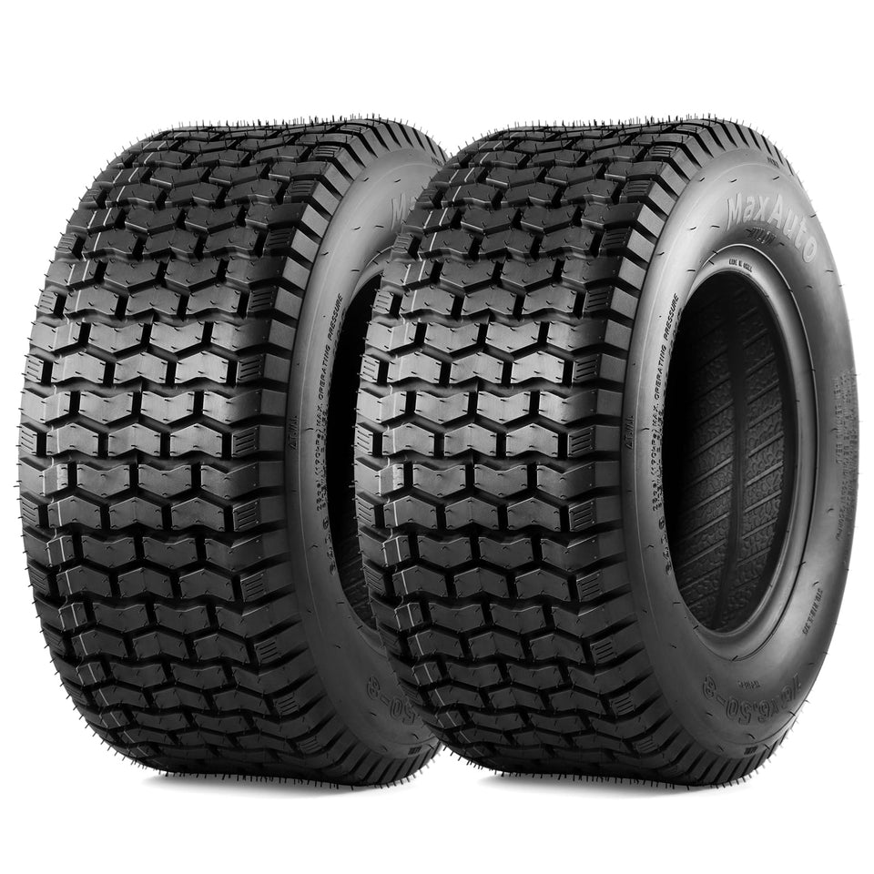 MaxAuto turf tire 16x6.50-8 side view improves grass traction.