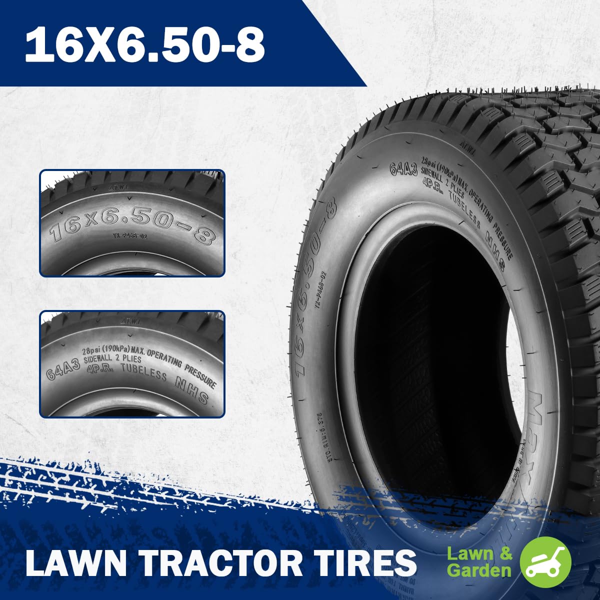 MaxAuto 16x6.50-8 tread close-up shows turf-friendly grip.