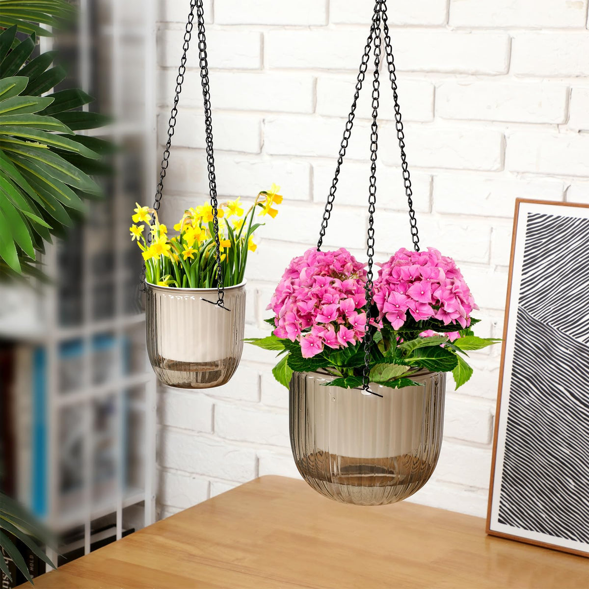 Maxcheck PET planter with metal chain offers durable, stylish indoor or outdoor use