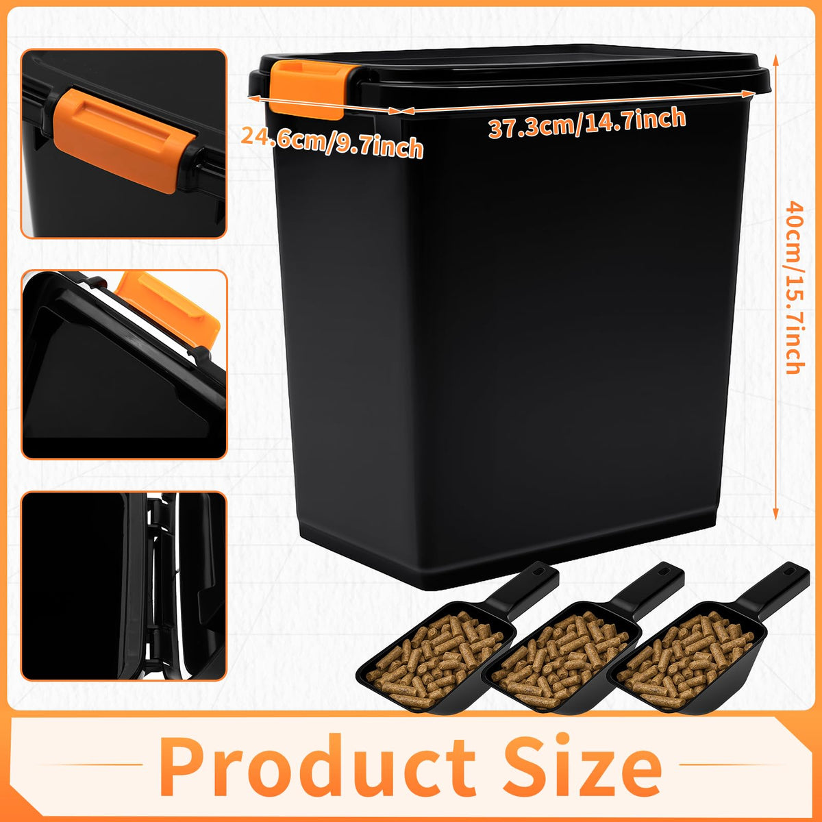 Close-up of flip lid for easy, spill-free pellet access.