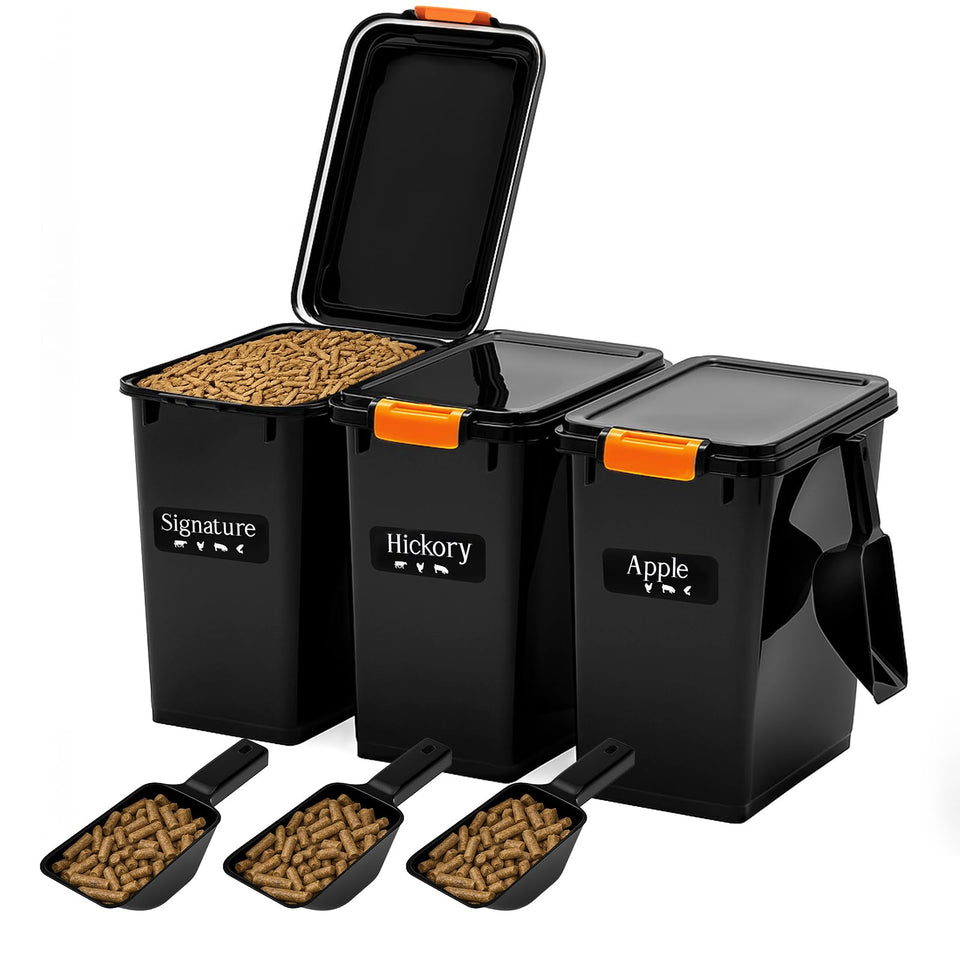 Maxdot pellet storage bin set with 22lb capacity keeps grill fuel organized.