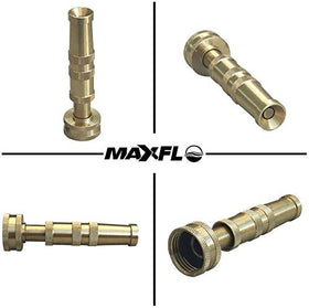 MAXFLO brass nozzle close-up emphasizes leakproof performance for reliable watering