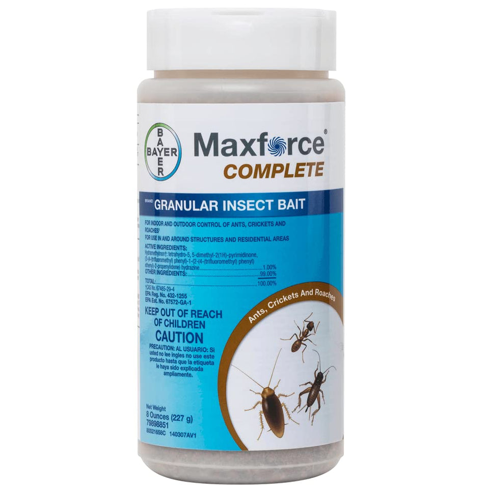 Maxforce Complete Granular Insect Bait packaging close-up for easy pest control.