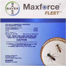 Maxforce Fleet Ant Bait Gel box front showing fast-acting ant control for households.
