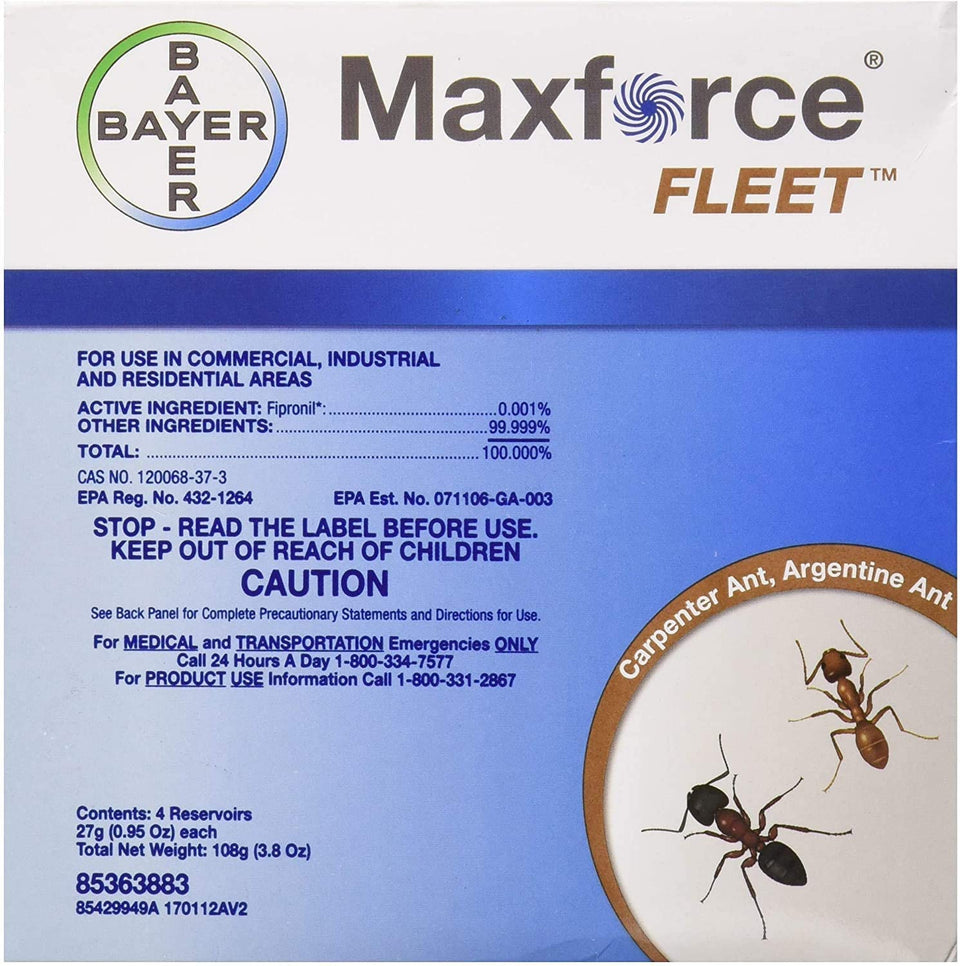 Maxforce Fleet Ant Bait Gel box front showing fast-acting ant control for households.