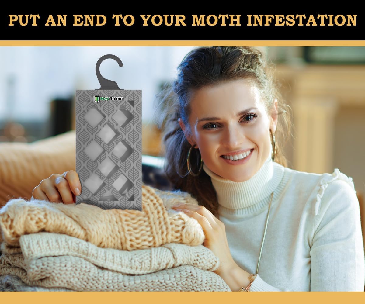 MaxGuard traps in closet setting; non-toxic protection for wool, silk, cashmere fabrics.