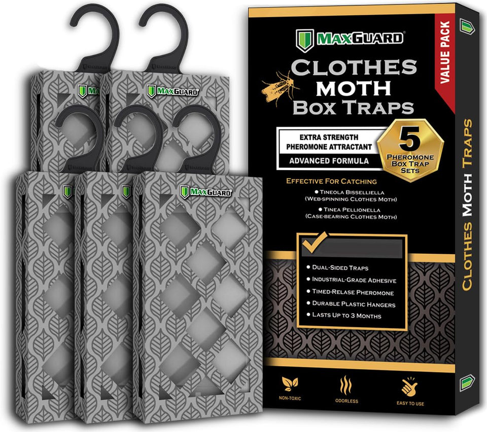 MaxGuard clothes moth traps in packaging view; non-toxic protection for wardrobes.