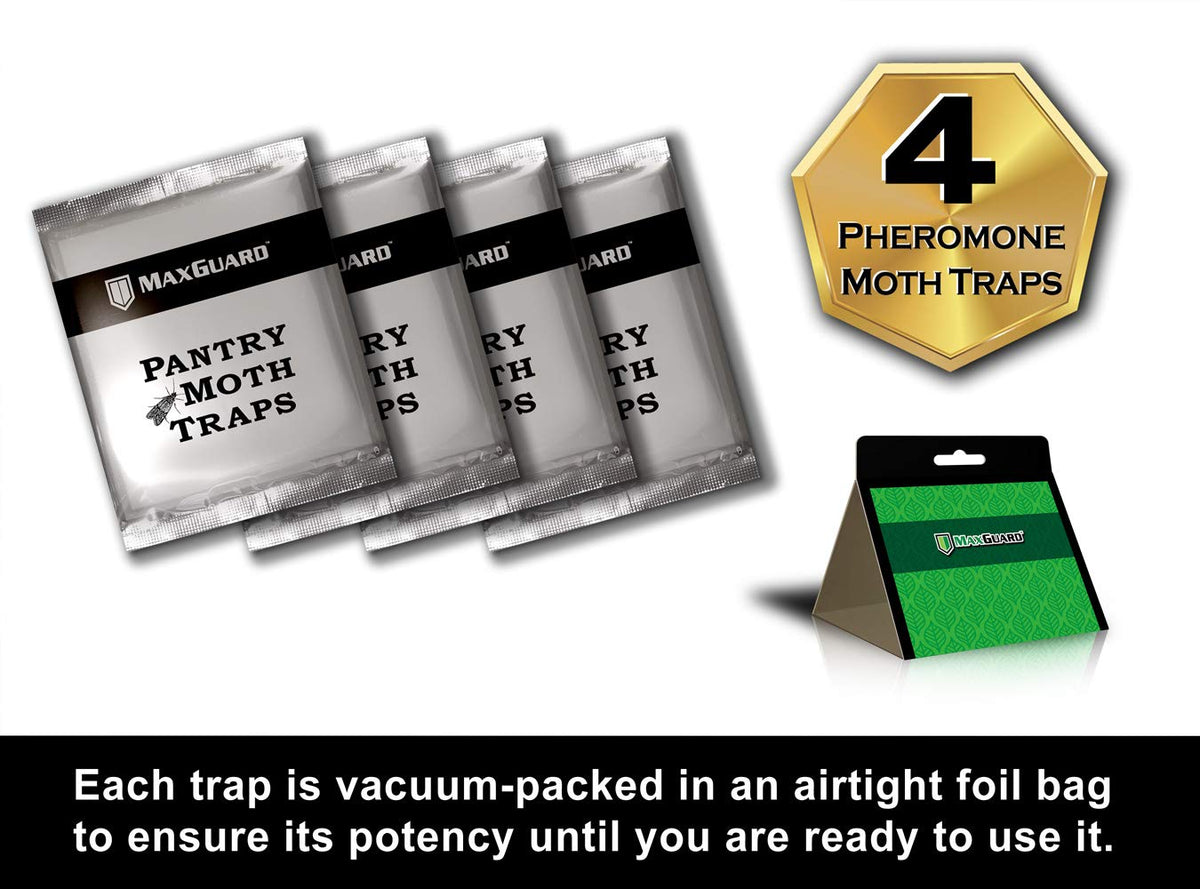 MaxGuard traps placed on pantry shelf guard flour, grains, and pet foods.