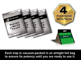 MaxGuard traps placed on pantry shelf guard flour, grains, and pet foods.