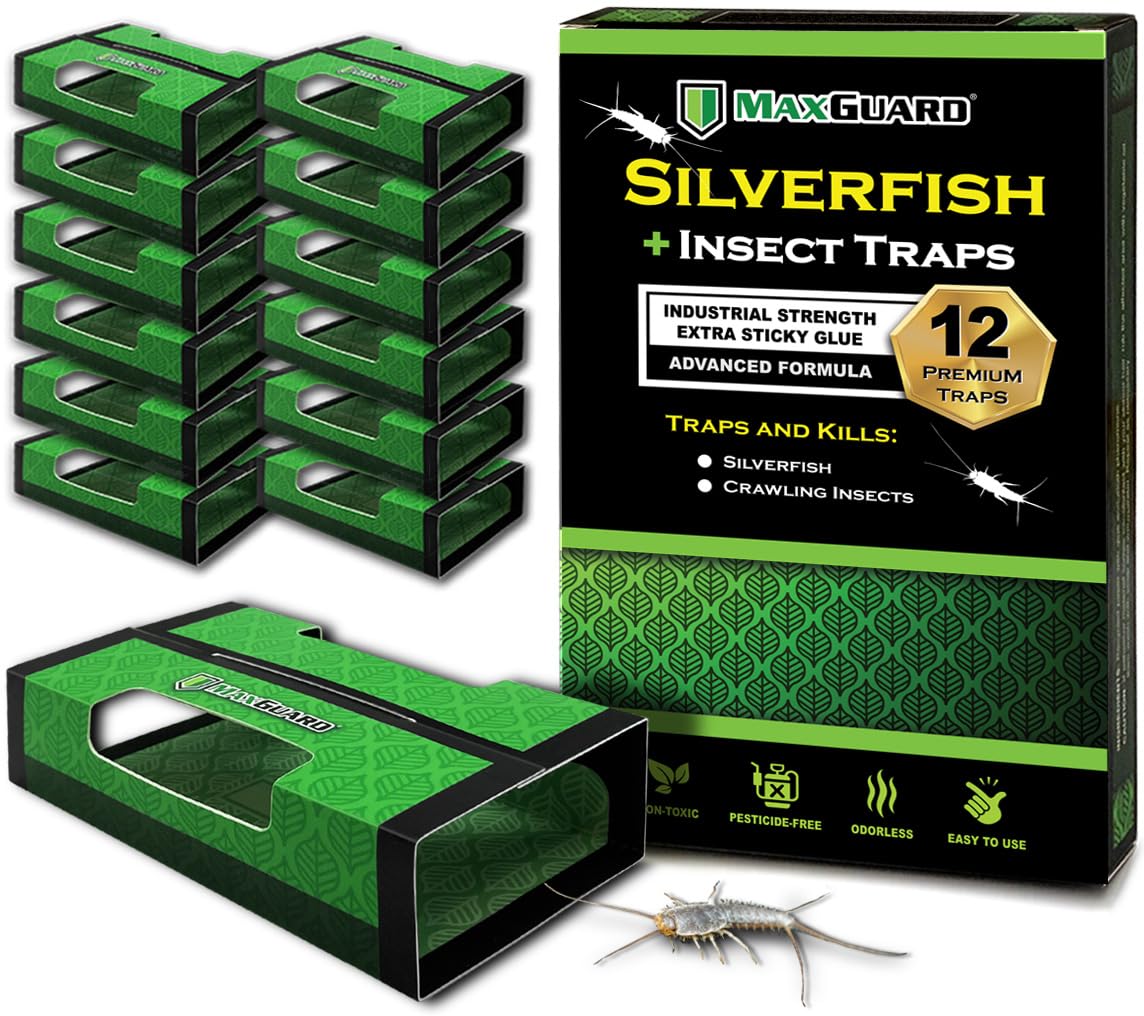 MaxGuard silverfish traps, 12-pack, ready for quick placement and capture.