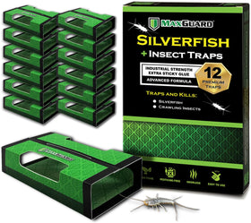 MaxGuard silverfish traps, 12-pack, ready for quick placement and capture.