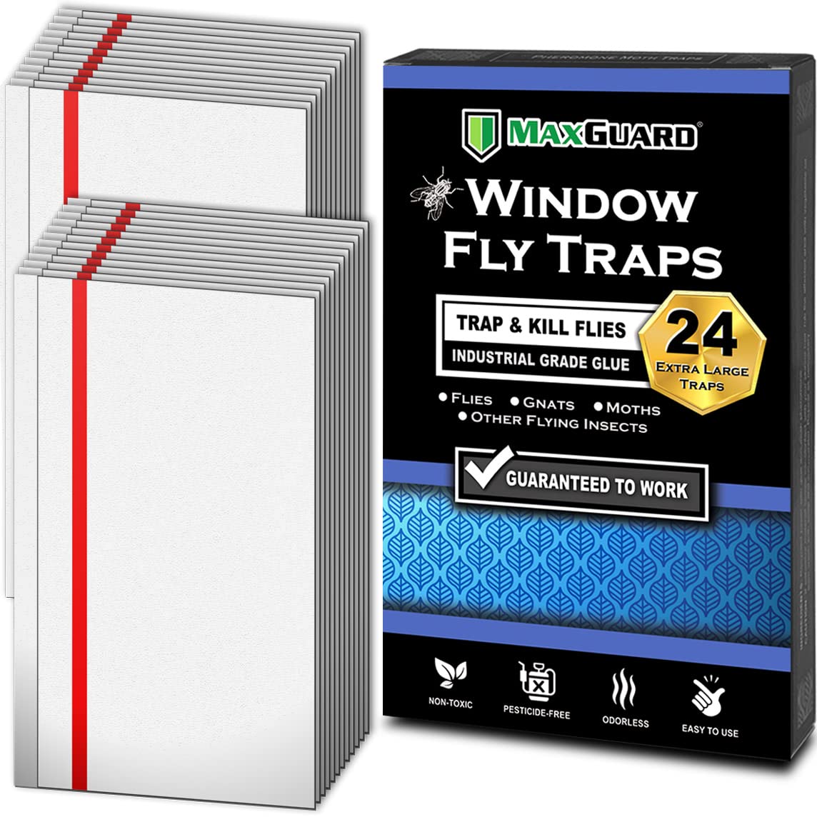 MaxGuard window fly traps front pack view, 24 traps for easy home protection.