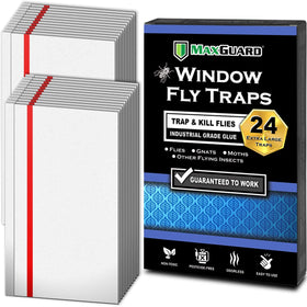 MaxGuard window fly traps front pack view, 24 traps for easy home protection.