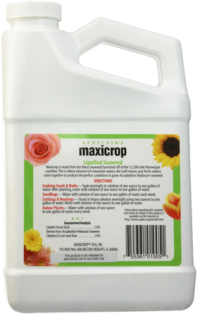 Maxicrop Liquid Seaweed label closeup highlights seaweed nutrients for foliage and roots