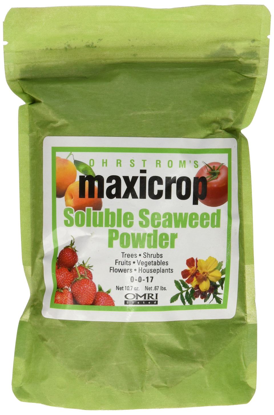 Maxicrop Pure Seaweed Extract bottle showing soluble powder for plant growth support.