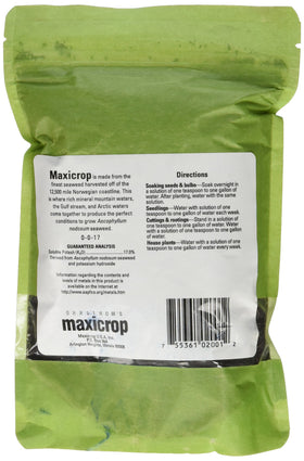 Close-up of Maxicrop seaweed extract powder highlighting soil and foliar feeding potential.