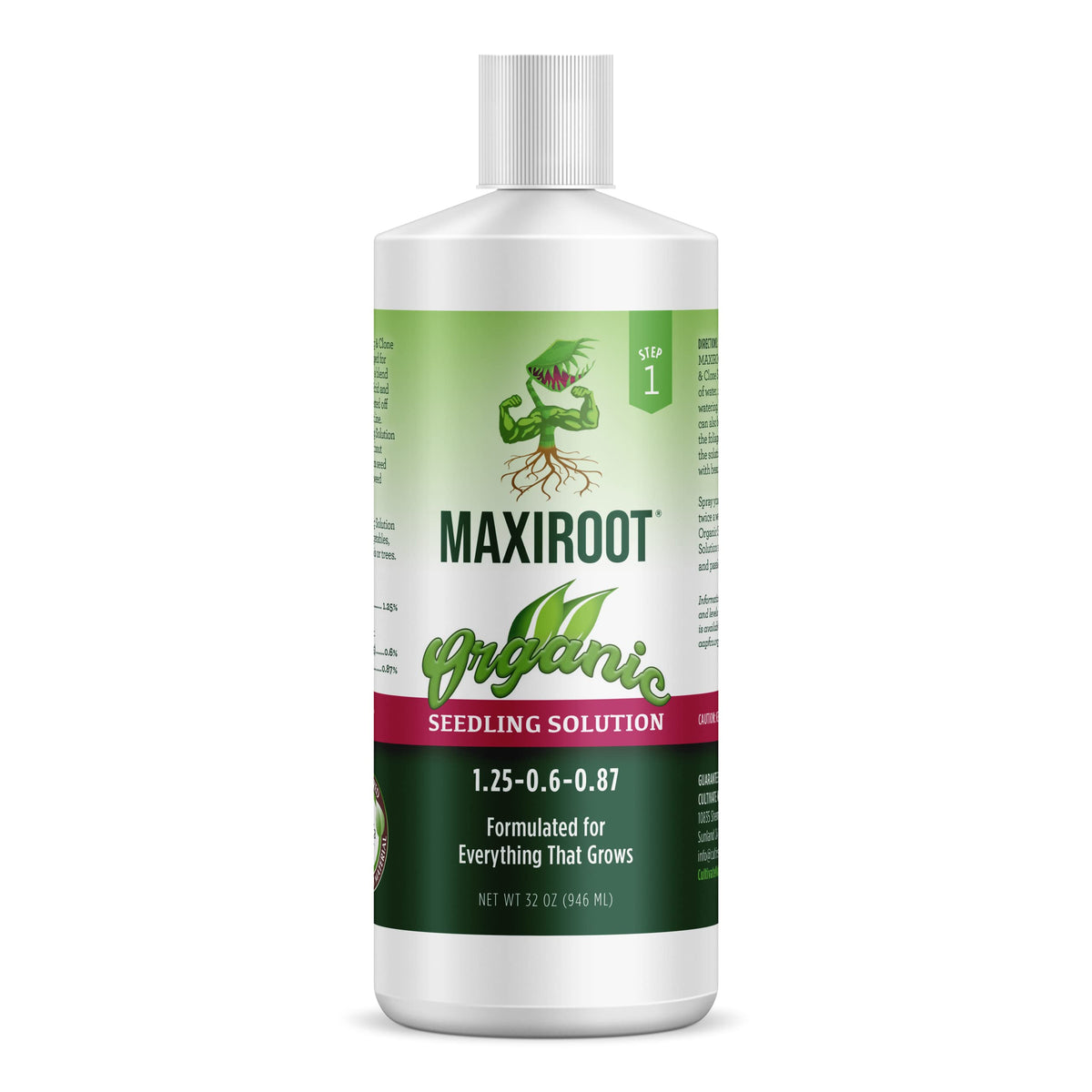 MAXIROOT Organic Seedling Solution bottle promotes gentle weekly feeding of young plants.