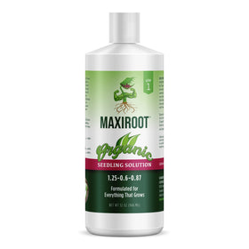 MAXIROOT Organic Seedling Solution bottle promotes gentle weekly feeding of young plants.