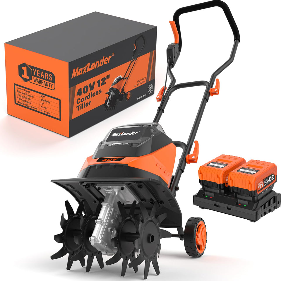 MAXLANDER cordless tiller with 4 steel tines for efficient soil prep