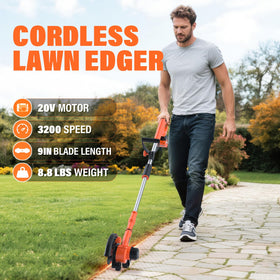 Maxlander cordless edger showing 3-position depth for tailored edging along sidewalks.