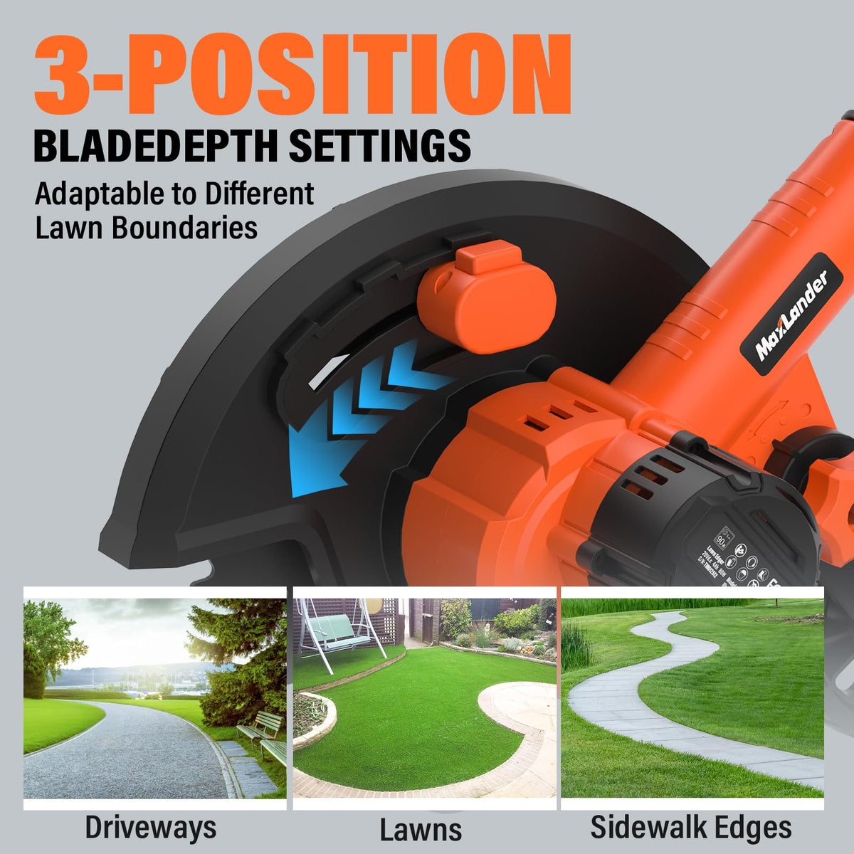 Maxlander 9-inch blade glides through grass near the driveway for clean lines.