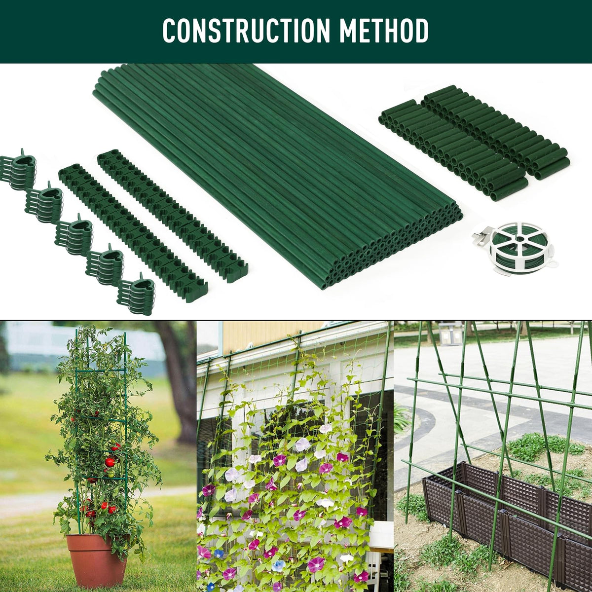 MAXPACE stakes support tomatoes, cucumbers, and flowering plants.