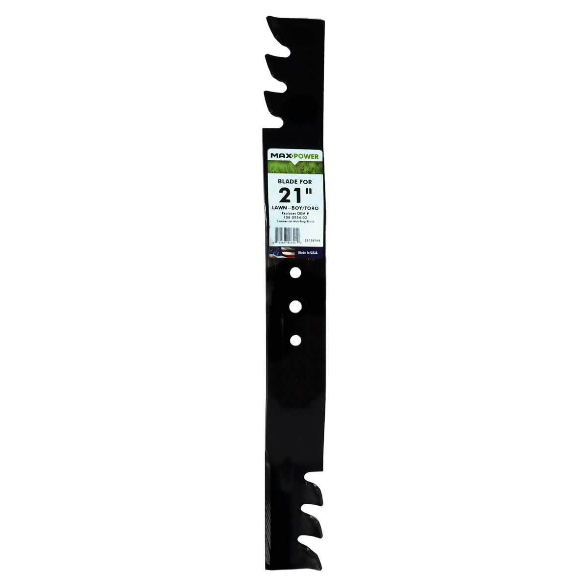 MaxPower 331387XB mulching blade close-up showing sharp edge for precise cuts