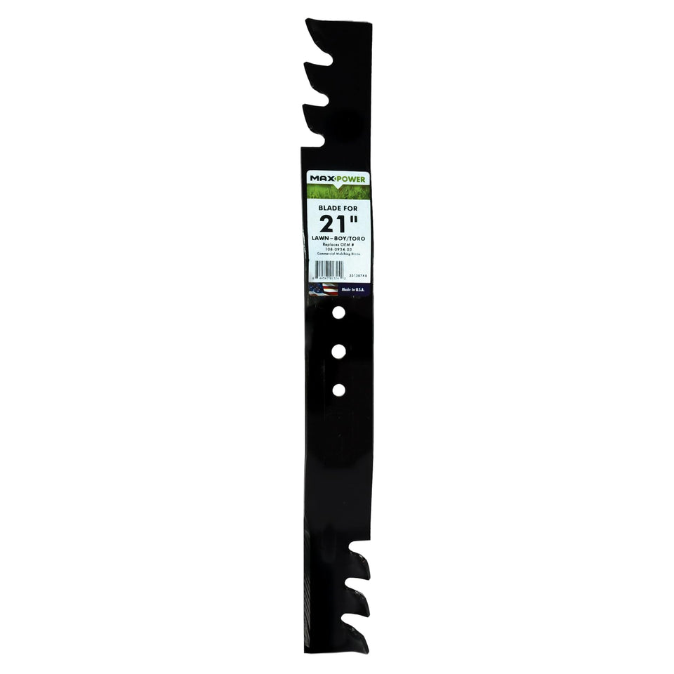 MaxPower 331387XB mulching blade close-up showing sharp edge for precise cuts