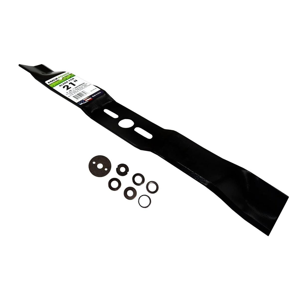 Blade measures 21 inches long with a 1-inch center hole for compatibility