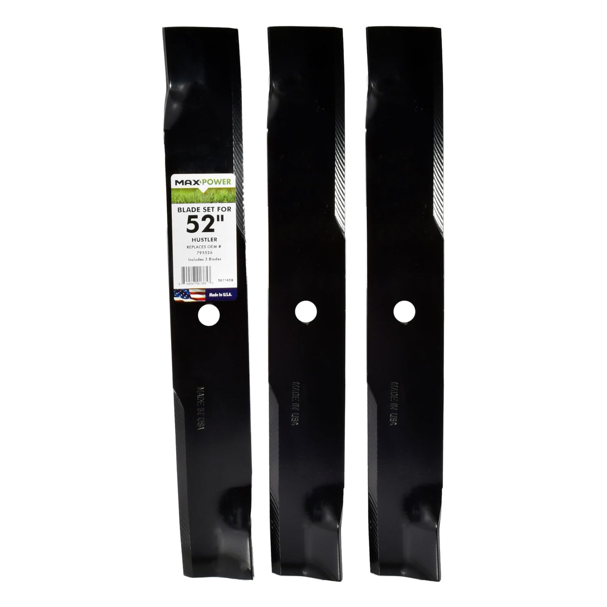 MaxPower 561145B blade set for 52 inch Hustler mowers, ready for precise cuts.