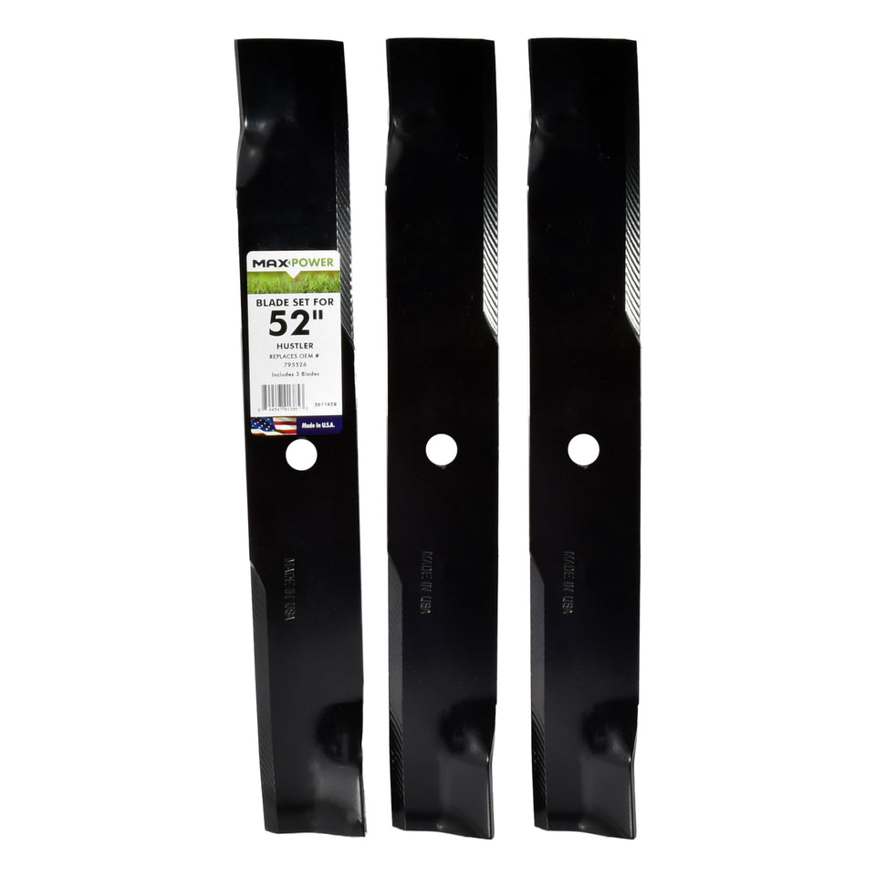 MaxPower 561145B blade set for 52 inch Hustler mowers, ready for precise cuts.