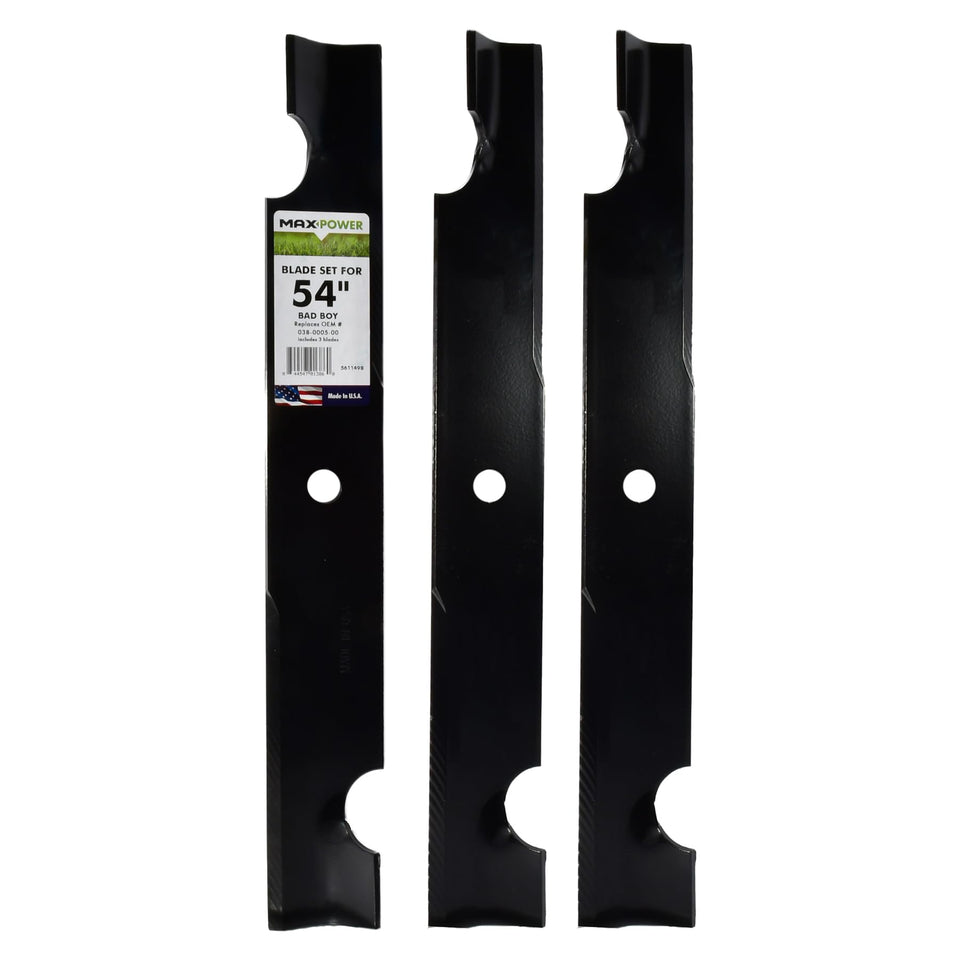 MaxPower 561149B three-blade set for 54-inch Bad Boy mowers improves cutting efficiency
