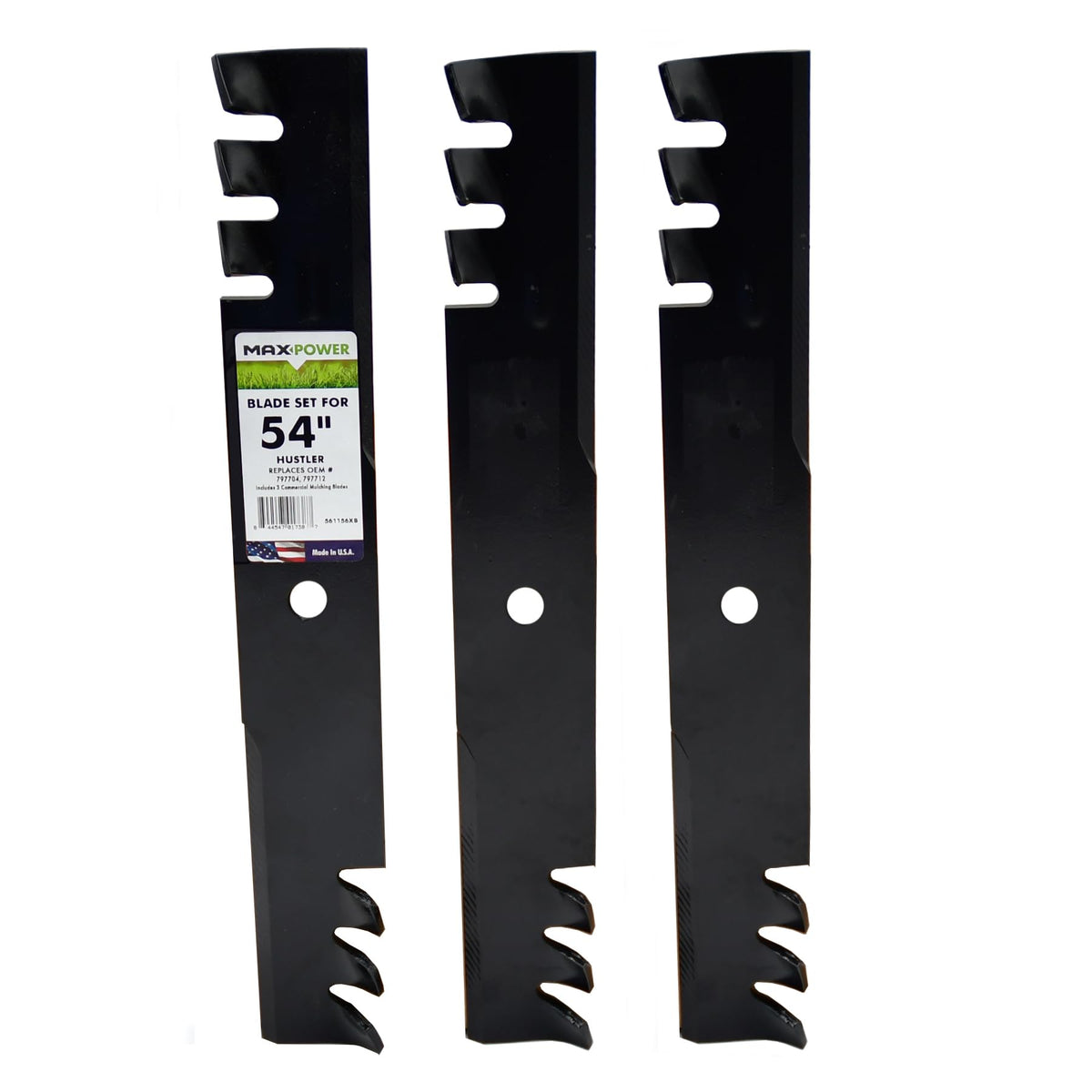 MaxPower 561156XB three-blades visual for 54-inch Hustler mower mulch performance