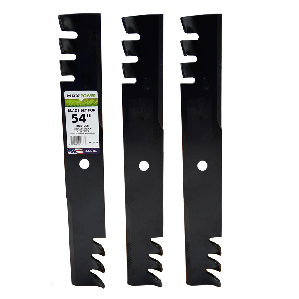 MaxPower 561156XB three-blades visual for 54-inch Hustler mower mulch performance