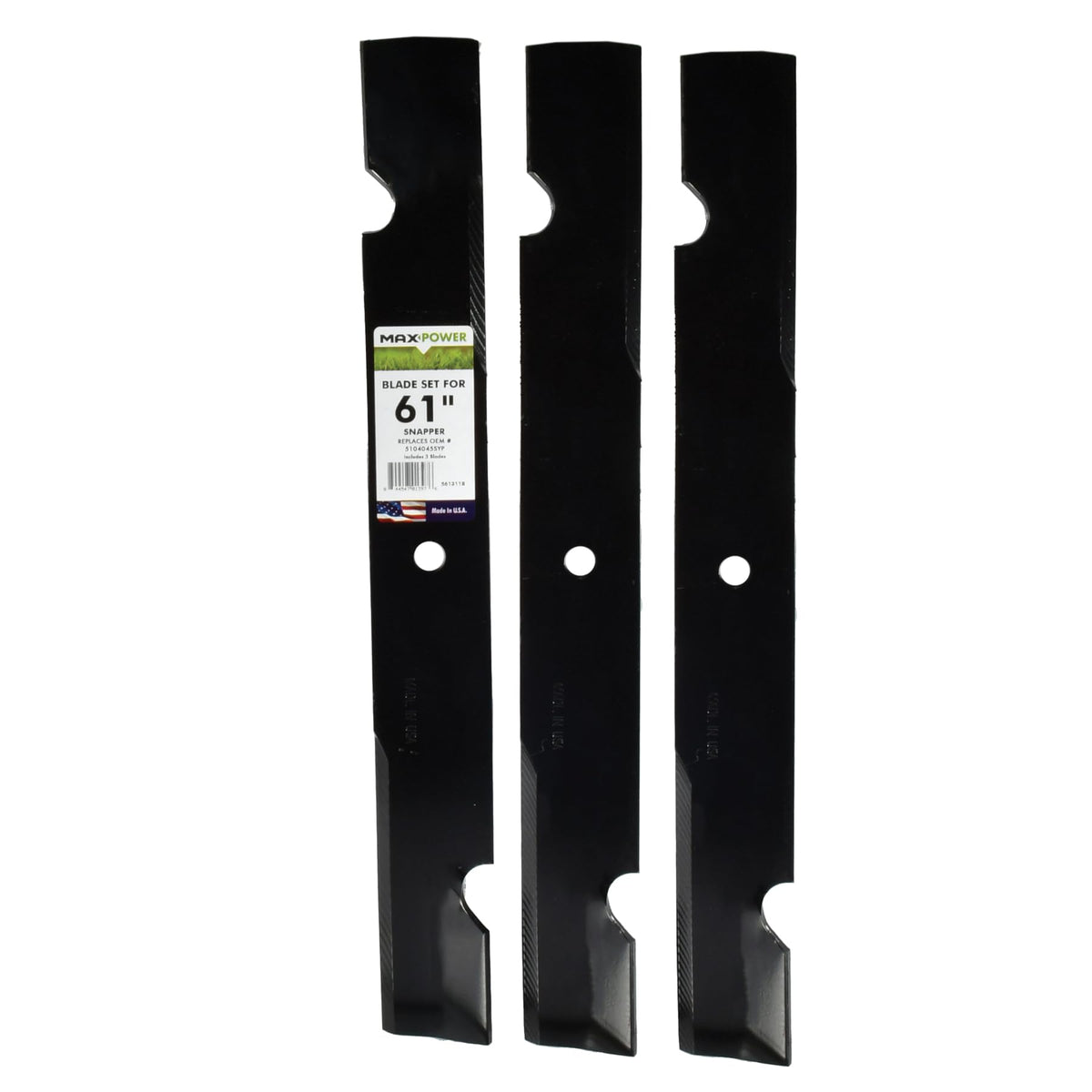 MaxPower 561311B three-blade set for compatible mowers shown in a kit layout.