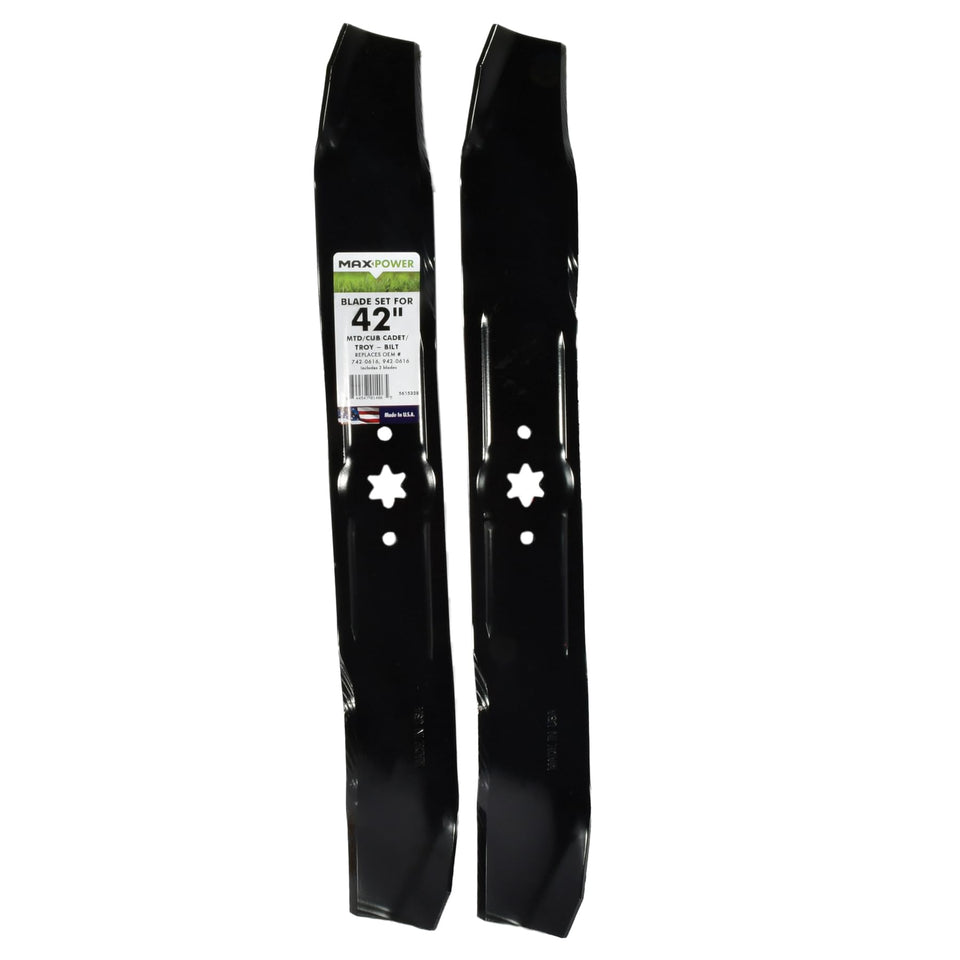 MaxPower 561532B two-blade mulching set close-up for 42-inch decks, durable and efficient.