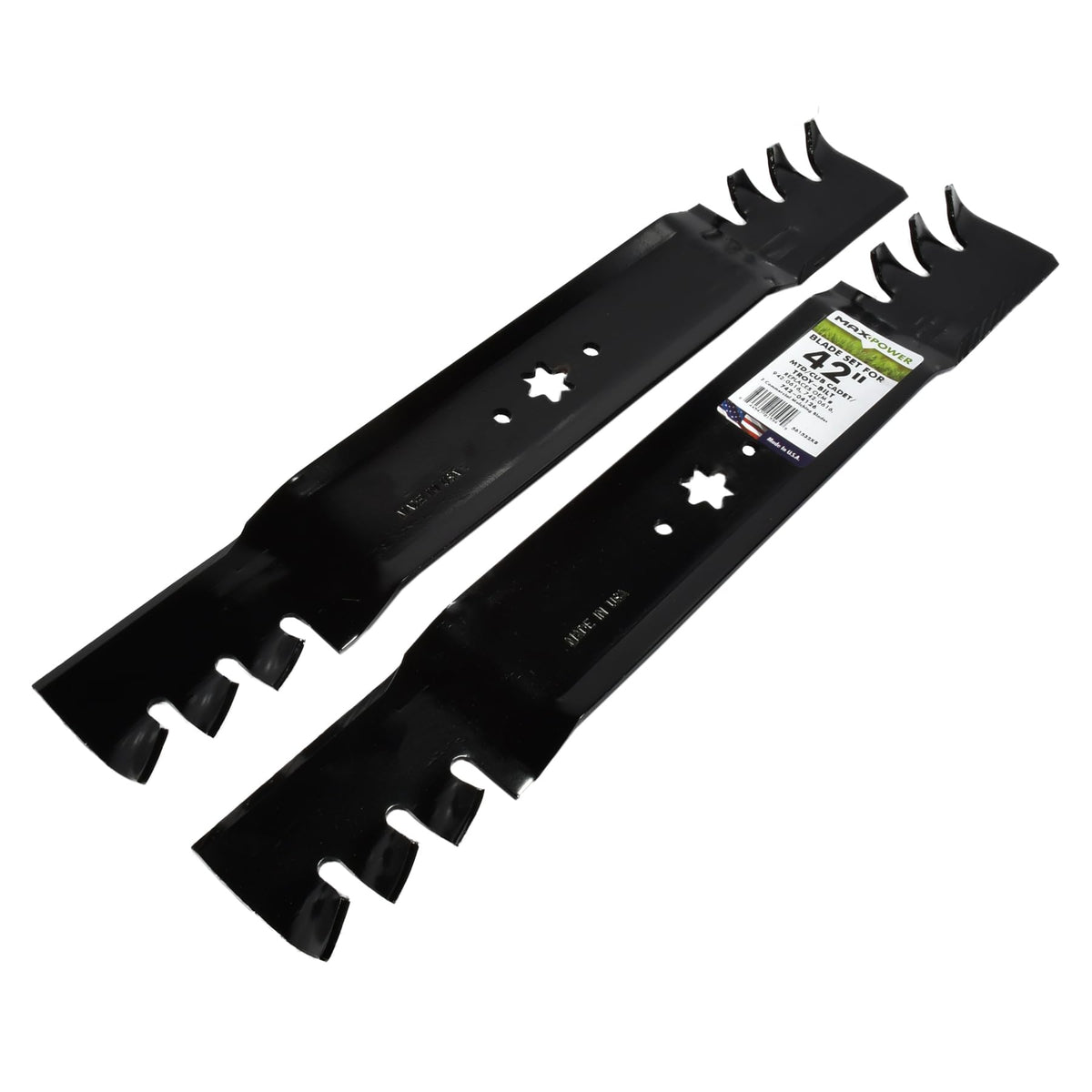 Made in USA badge on MaxPower 561532XB mulching blades.