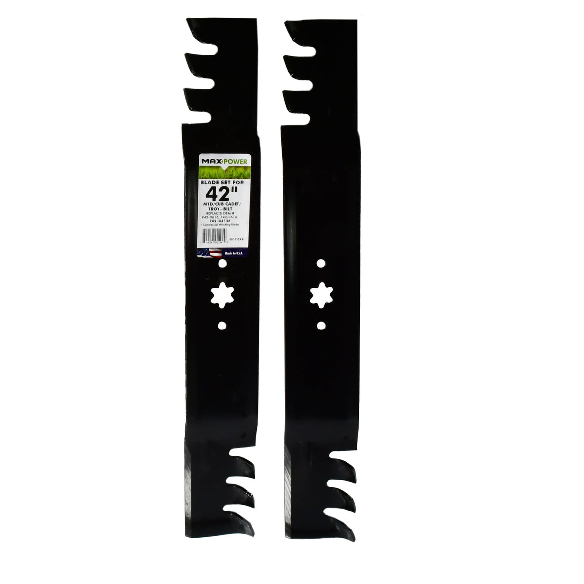 MaxPower 561532XB two-blade mulch set for 42-inch mowers enhances cutting performance.