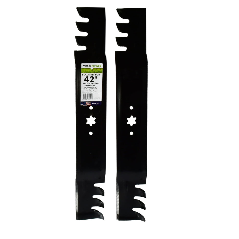 MaxPower 561532XB two-blade mulch set for 42-inch mowers enhances cutting performance.