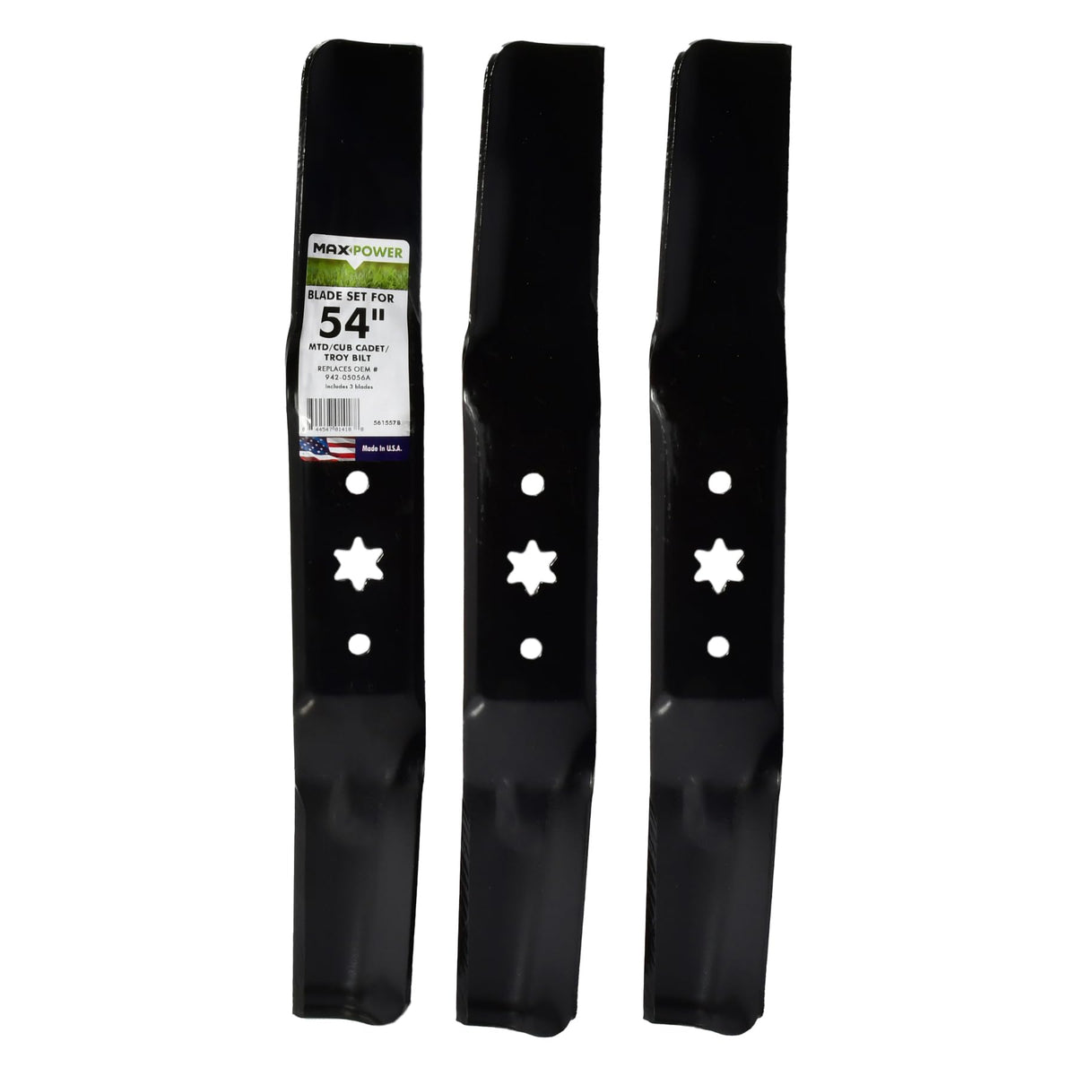 MaxPower 561557B three-blade set shown in side view for 54 inch mowers