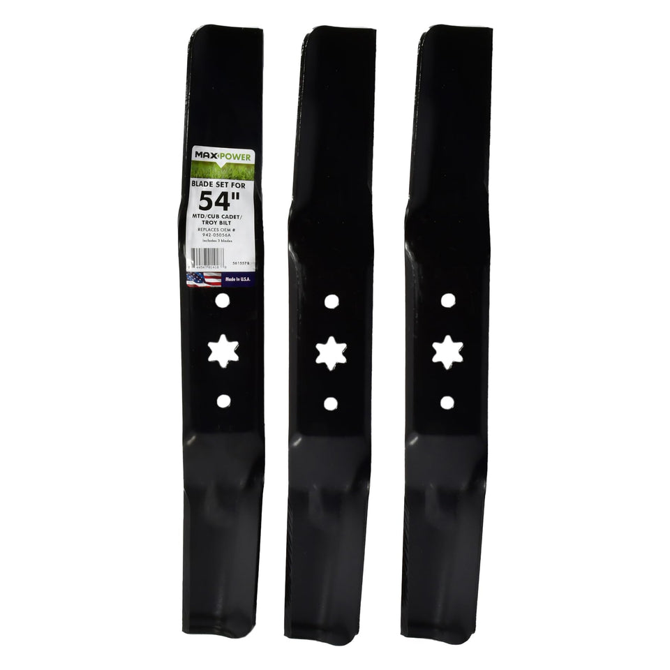 MaxPower 561557B three-blade set shown in side view for 54 inch mowers