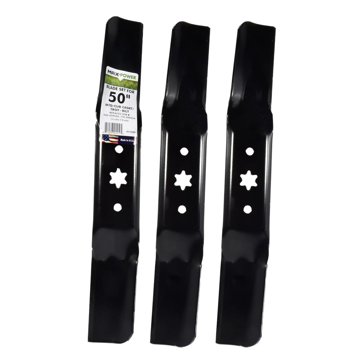 MaxPower 561558B three-blade set for 50-inch mowers delivers reliable cuts.