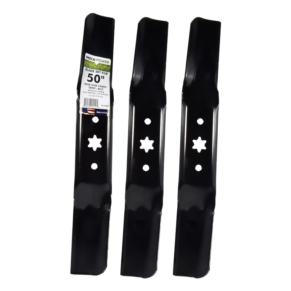 MaxPower 561558B three-blade set for 50-inch mowers delivers reliable cuts.
