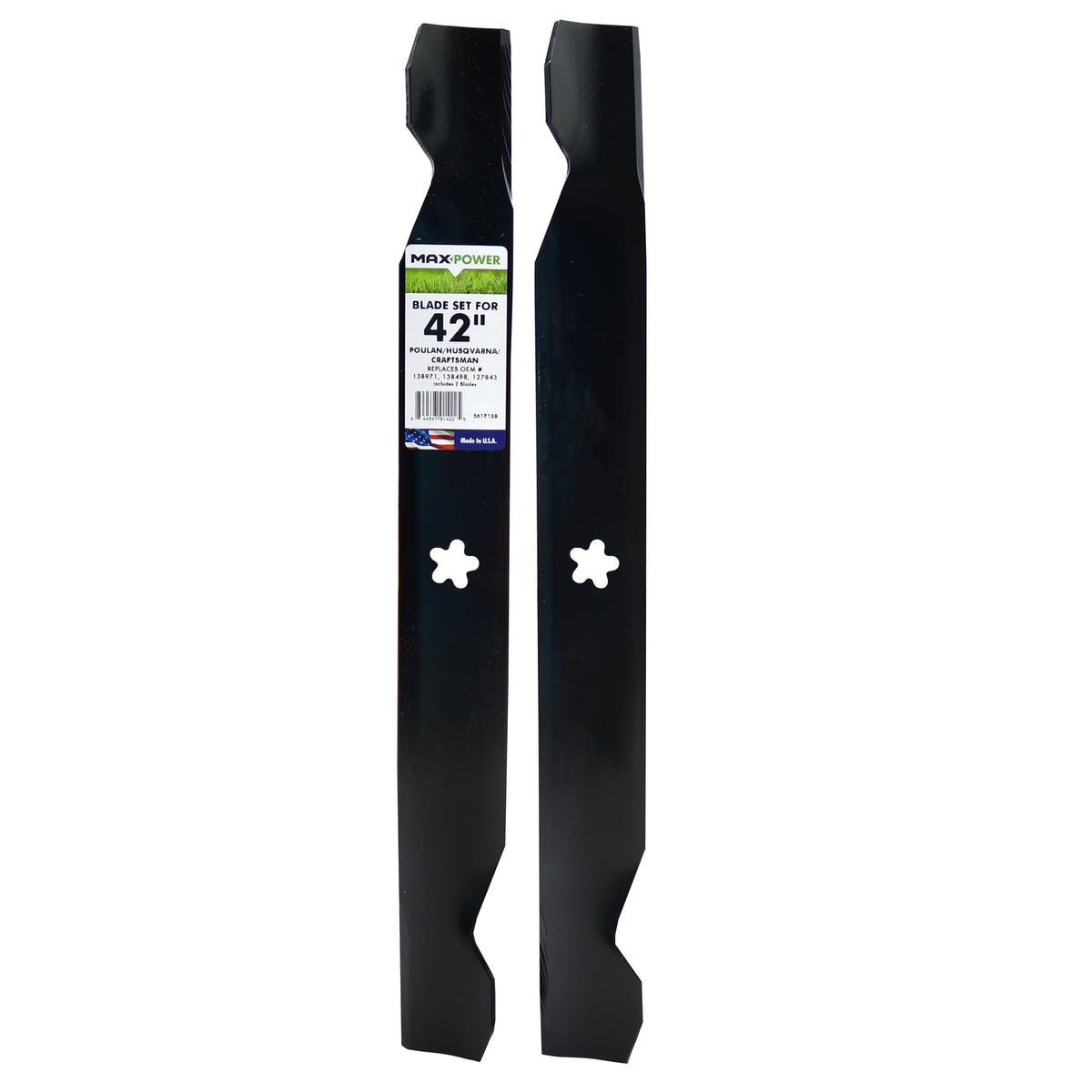 MaxPower 561713B two-blade set for 42-inch mower, ready for installation and sharper cuts.