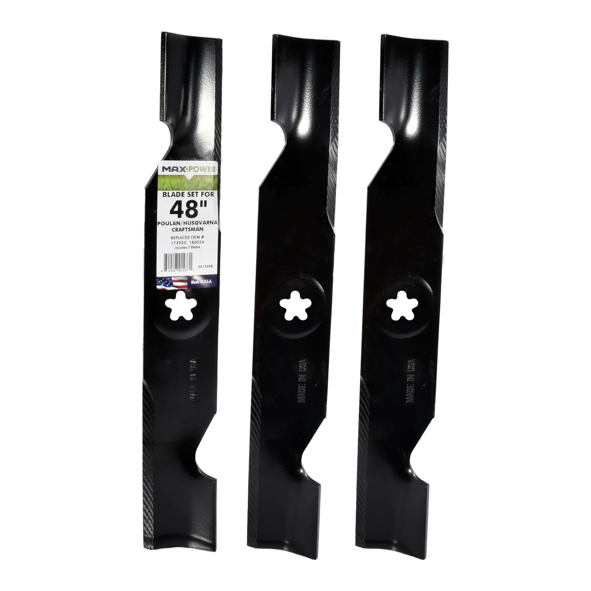 MaxPower 561735B three blades for 48in mower, designed for a clean, high-lift cut.