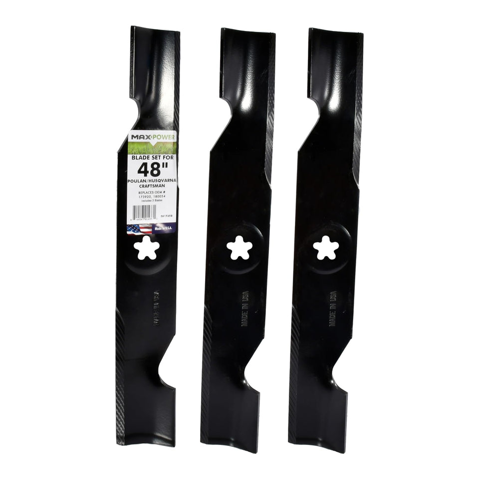 MaxPower 561735B three blades for 48in mower, designed for a clean, high-lift cut.