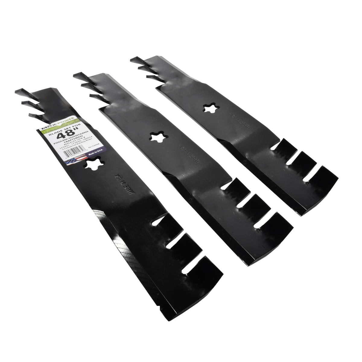 Blade set compatible with Craftsman, Husqvarna, Poulan mowers.